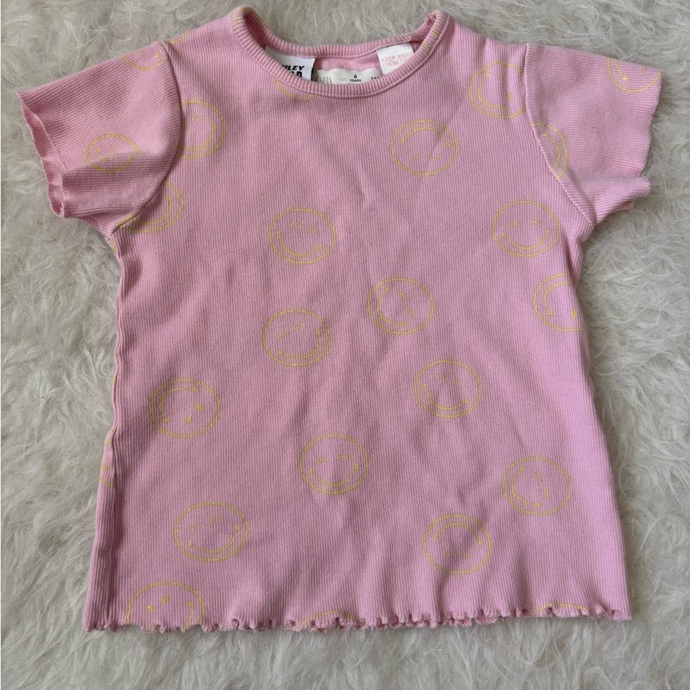 Zara Pink Ribbed Tee with Yellow Smiley Print